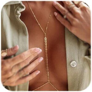 🆕Gold Body Chain for Women Pearl Rhinestone Bra Waist Necklace No Tarnish